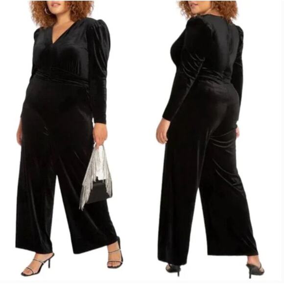 ELOQUII Jumpsuit Size 18 NWT Black Velvet Tie Belt Wide Leg Cocktail Evening - Picture 2 of 16